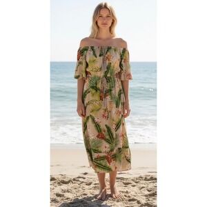 Label of Love Tropical Floral Maxi Dress M Tan Green Boho Summer Coastal Resort